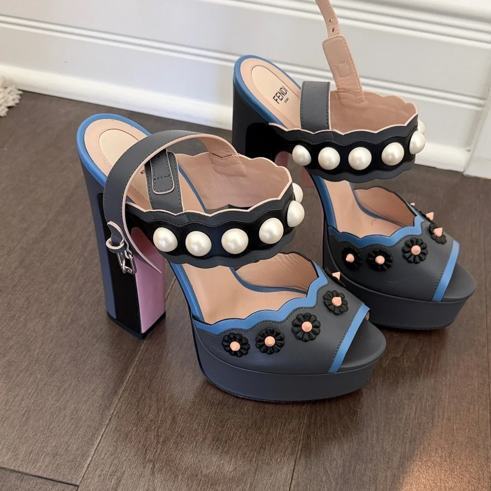 Fendi Black and Pink Platform Heels with Pearl Details